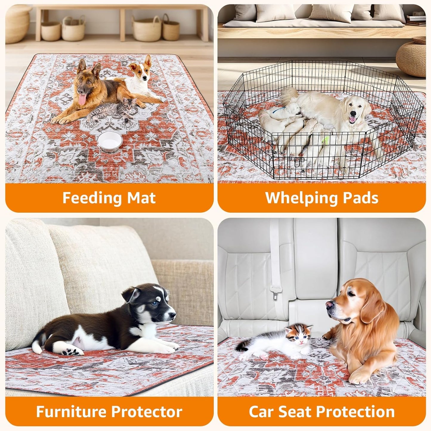 LOOBANI Reusable Pee Pads for Dogs, 2 Pack Super Absorbent Washable Puppy Pee Pads, Waterproof Non-Slip Whelping Pad for Floor Playpen Crate Couch-31 x36 (Red-Orange)