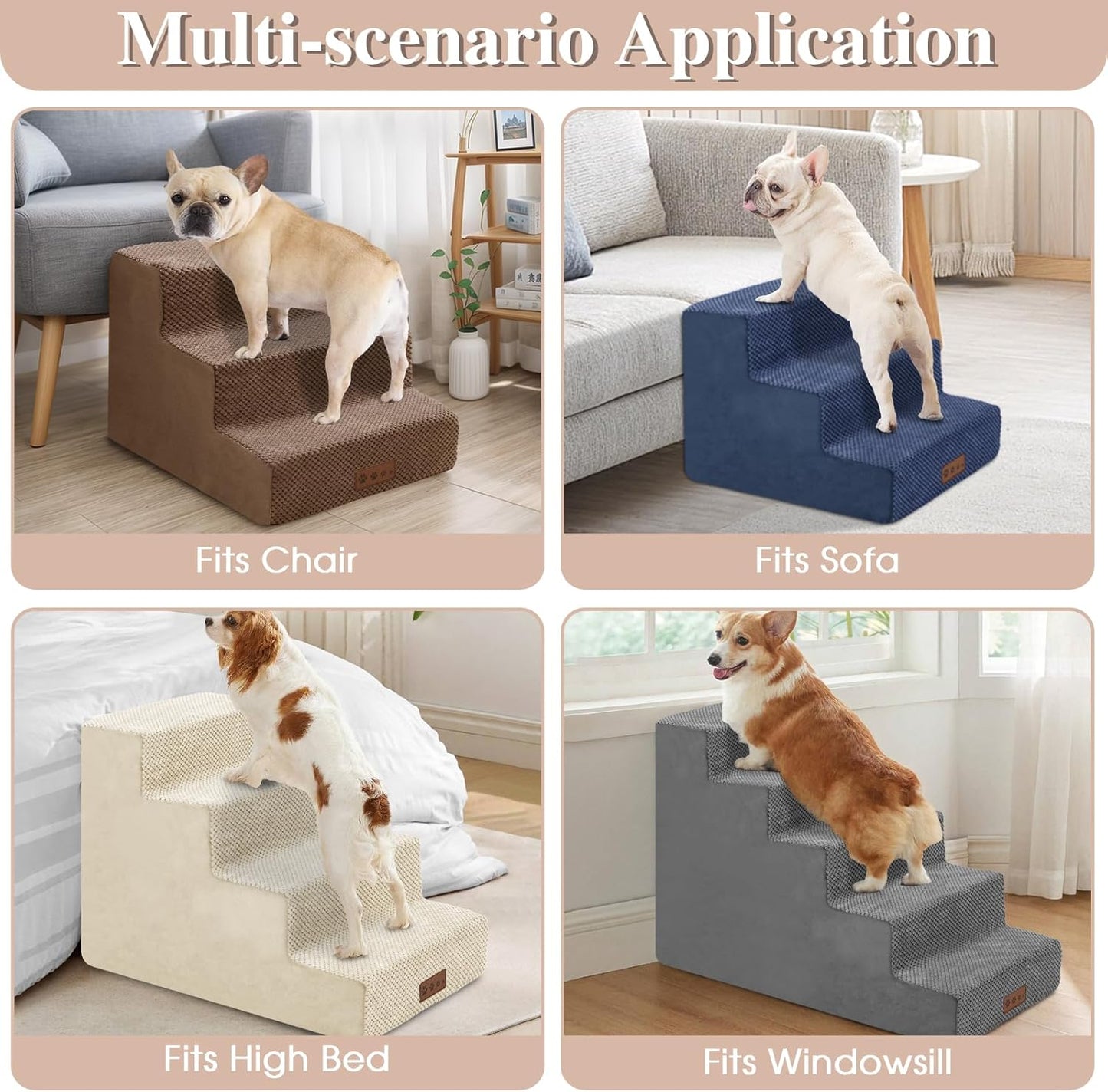 GGIB Dog Stairs for Small Dogs Cats Non-Slip Dog Steps for High Bed Pet Stairs for Sofa Couch Pet Ramp Pet Steps with Removable Washable Cover, Light Grey, 22" H, 5-Step