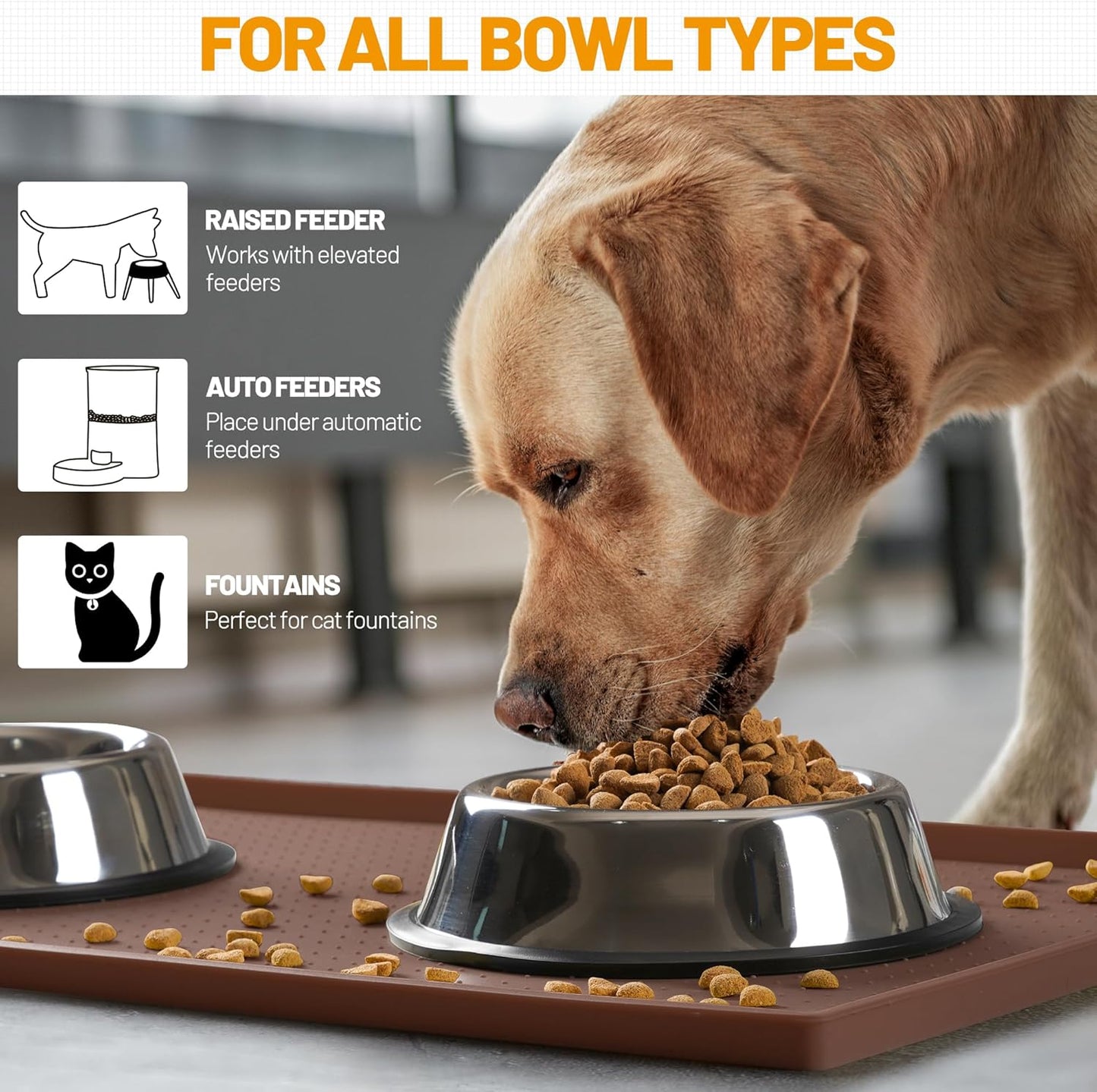 Hubulk Dog Feeding Mat,100% Waterproof Food Grade Silicone Pet Food and Water Bowl Placemat,Dishwasher, High Raised Edge to Prevent Spills,Nonslip Tray to Stop Messes on Floor(24"x16"x0.5", Brown)