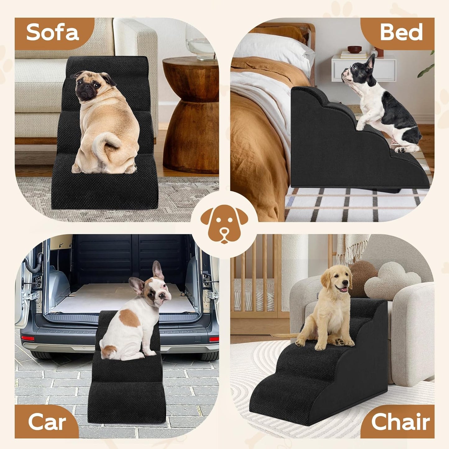 Dog Stairs, Romrol Dog Steps Ramp for High Bed and Couch, Dogs Ramp with Durable Non-Slip Waterproof Fabric Cover, Pet Stairs for Small Dogs and Cats or Pets Joints, 4-TiersBlack