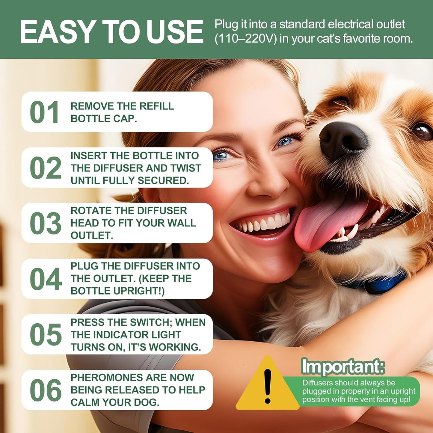 Dog Calming Pheromone Diffuser for Dogs, Plug-in + 3 Refills Kit, Supports Relaxed Behavior, Helps Ease Stress, Anxiety, Barking, Fear During Loud Events, Separation, Travel, 90 Days Non-Toxic Care