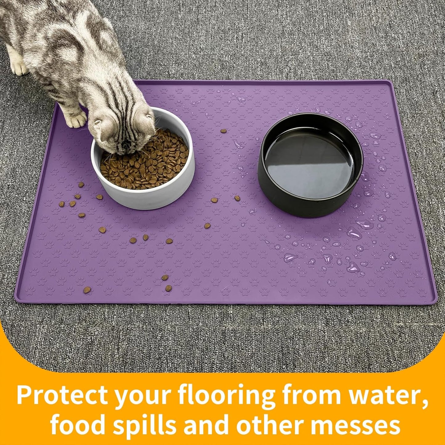 Ptlom Silicone Dog Food Mat Waterproof Pet Feeding Mat with High-Lips, Anti-Slip Dog Bowl Mat for Food & Water, Non-Spill Puppy Feeding Tray for Small, Medium & Large Dogs and Cats, Purple