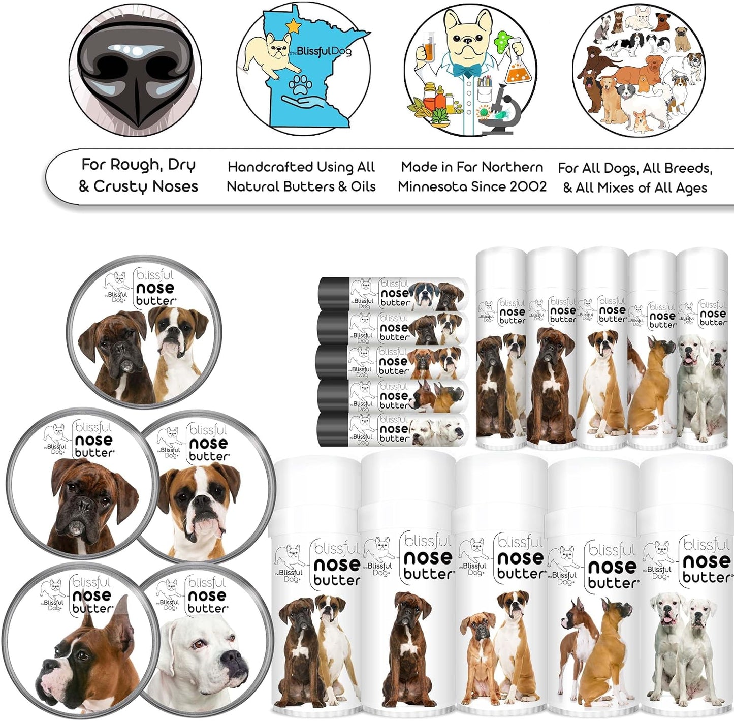 The Blissful Dog White Boxer Nose Butter for Dry, Cracked Skin, Lick-Safe Dog Nose Balm with Moisturizing Shea Butter, Almond, Olive, and Essential Oils, Pet Supplies, Uncented, 0.15 oz.