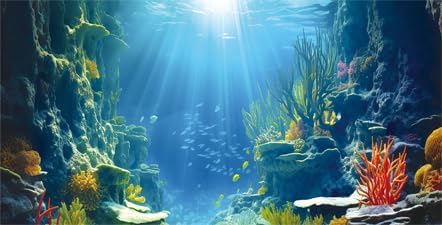 72X24IN Blue Sea Floor Aquarium Background, Natural Underwater World 3D Effect Fish Tank Decorations Background, Art Terrarium Background with 8 EVA Double-Sided Tape