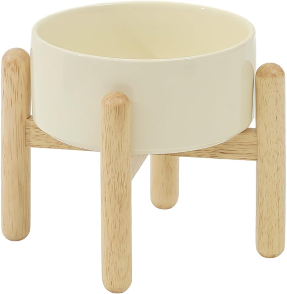 Ceramic 6.1inch Raised Dog Bowl with Stand for Small and Medium Dog Dish Pet Food and Water Bowl (Single Bowl with Stand - Beige)