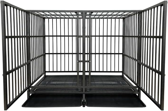 54 Inch Heavy Duty Dog Crate Cage with Divider, Indestructible and Escape Proof Steel Kennel Indoor for 2 High Anxiety Dogs with Sturdy Locks, Double Door and Tray, Extra Large XL XXL