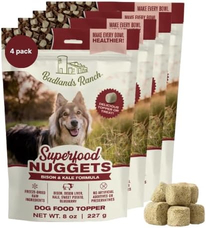 BADLANDS RANCH Superfood Nuggets – Freeze-Dried Raw Dog Food Topper/Treat. Nutrient-Dense Bison & Kale Formula. No Artificial Additives. Premium 8oz Bags – 4-Pack Bundle