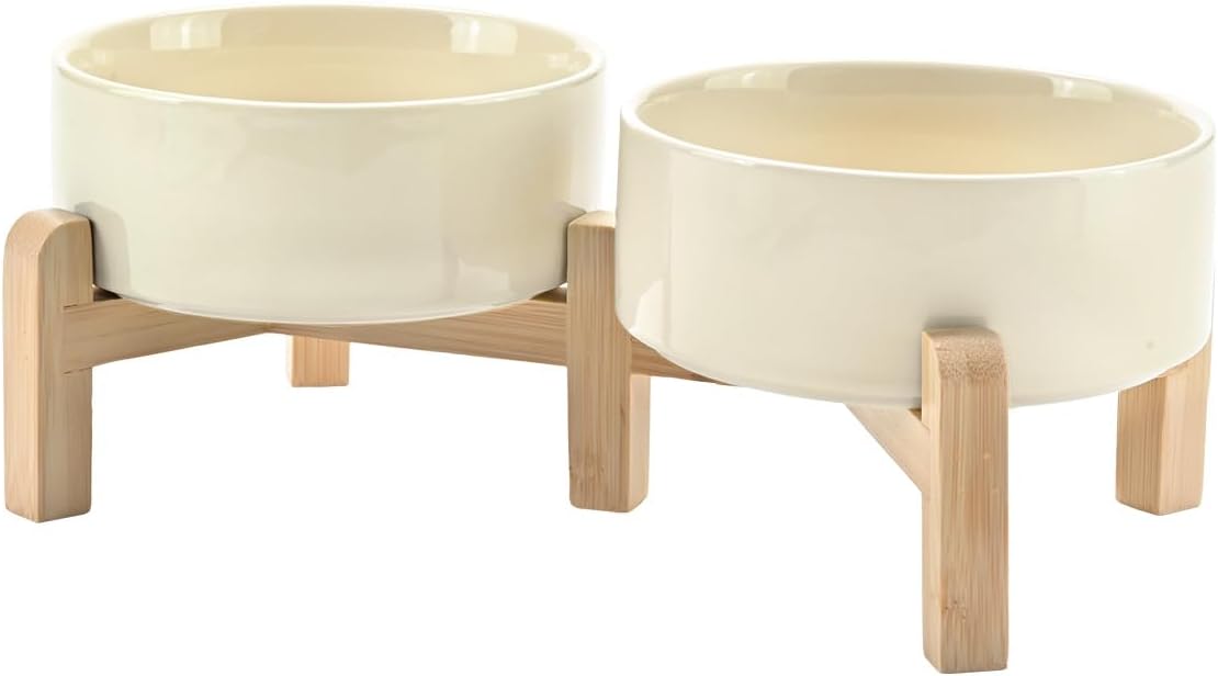 SPUNKYJUNKY Elevated Dog Bowls Ceramic, 5.1'' Dogs and Cat Food Water Bowls Raised with Non-Slip Bamboo Stand for Puppy Small Sized Breed Microwave Dishwasher Safe - 13.5 OZ,Beige