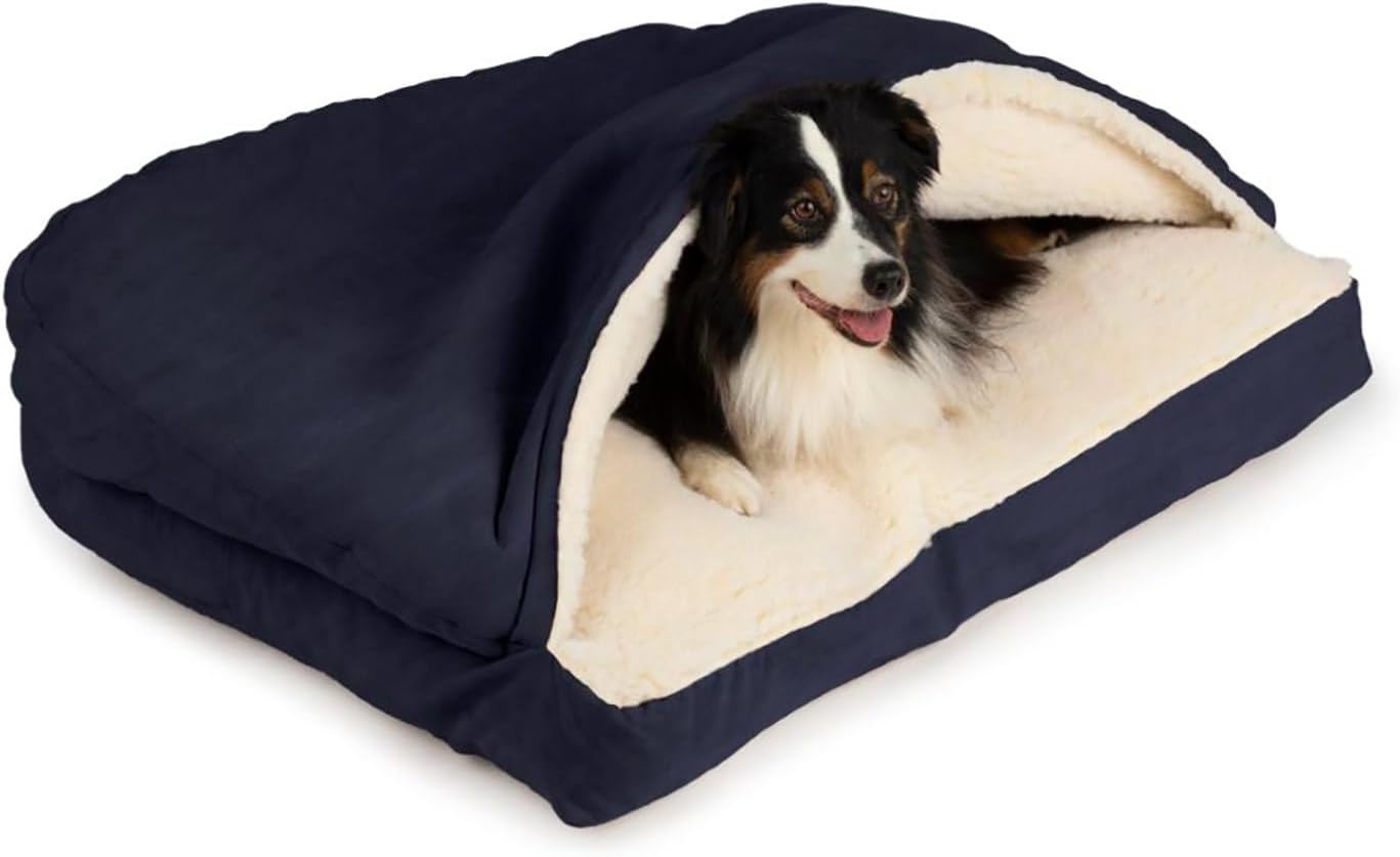Snoozer Rectangle Cozy Cave Dog Bed - Indoor Dog Bed with Cover Cave, Covered Calming Burrow for Large Sized Pets with Blanket Attached, Enclosed, Washable - XL, Navy