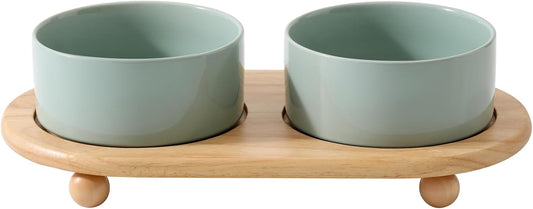Ceramic Elevated Dog Bowls, Food and Water Bowls for Dogs, Puppy, Raised Dog Dish, Pet Feeder(6inch, 2 x Light Green + Stand)