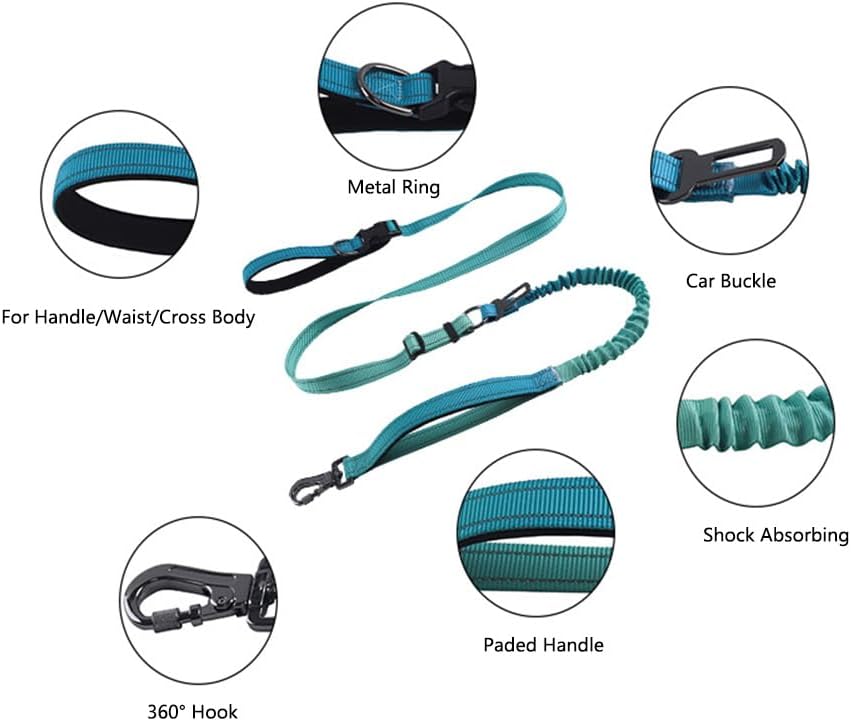 Hands Free Dog Leash for Large Medium Dogs Heavy Duty Bungee Reflective Adjustable Waist Leashes for Walking Running with Car Buckle 4-6FT (Green)