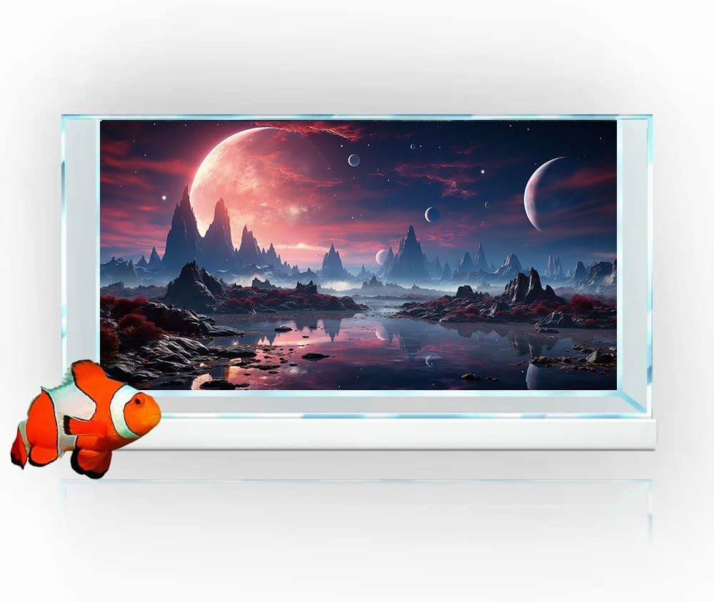 60X24IN Cosmic Spaceterrarium Background, Cool Parallel Space Themed Aquarium Reptile Habitat Background, Red Moon Aquarium Background with 10EVA Double-Sided Tape