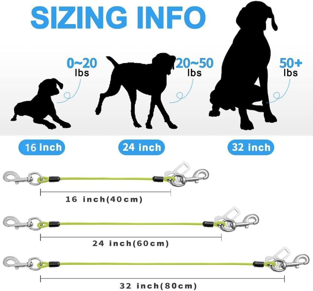 Dog Seat Belt Harness for Car,Dog Seatbelt of Coated Wire Leash Safety Restraint,No Chew Tether Cable Vehicle,Double Clips & Latch(Green, 16 inch/40 CM)