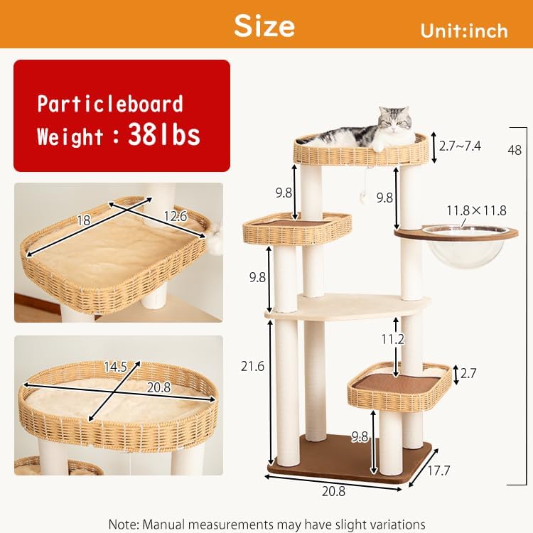 48'' Cat Tree for Large Cats, Modern Cat Tree Multi-Level Condo with Natural Wood, Cat Activity Centre for Medium and Big Pets