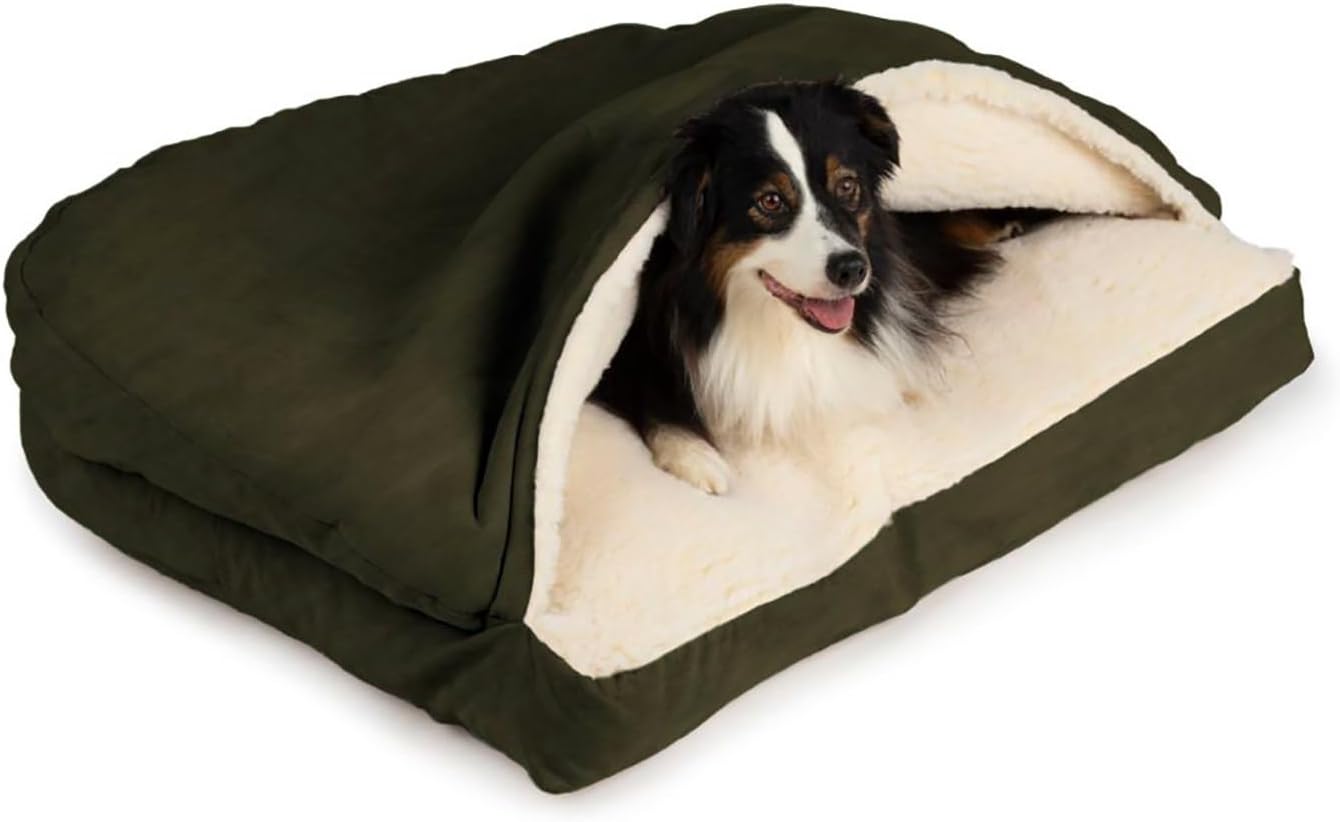 Snoozer Rectangle Cozy Cave Dog Bed - Indoor Dog Bed with Cover Cave, Covered Calming Burrow for Medium & Large Sized Pets with Blanket Attached, Enclosed, Washable - Large, Olive