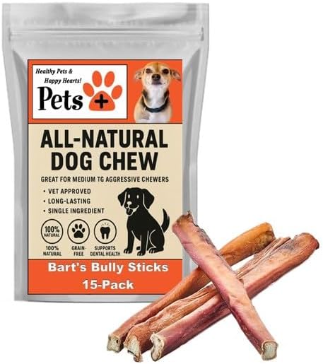 Pets Plus Premium Bart's Bully Sticks for Dogs – 6 Inch, Medium Size, All-Natural, Long-Lasting Chews for Moderate Chewers – High Protein, Low Odor, Grain-Free (15-Pack)