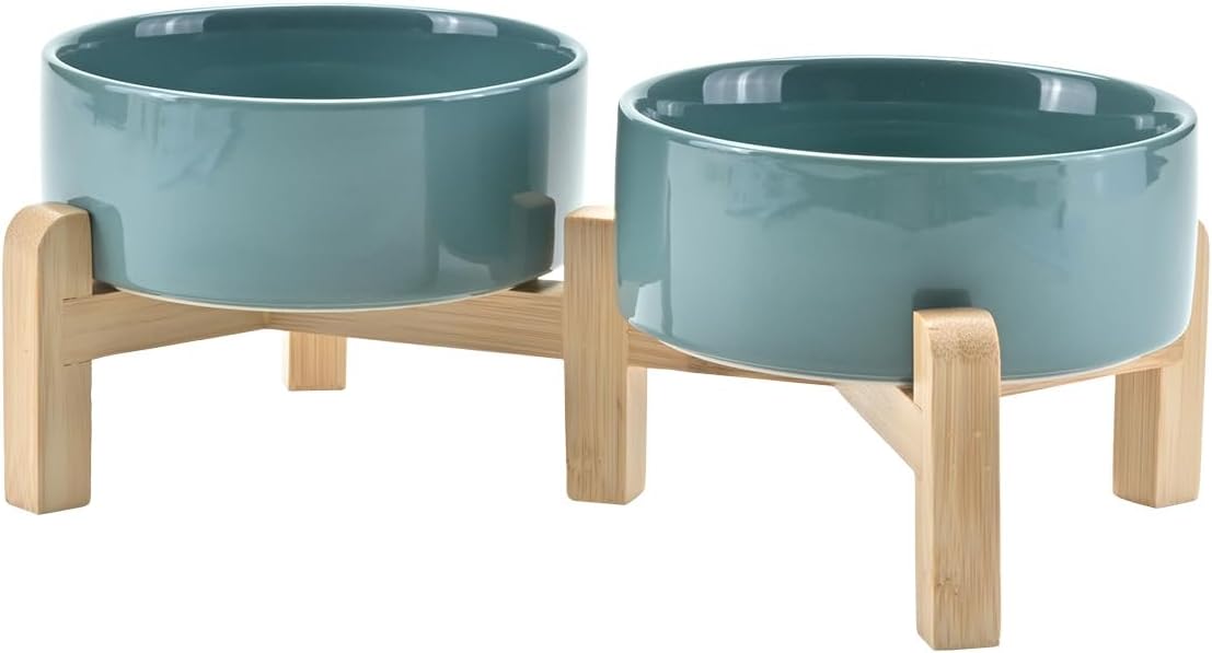 SPUNKYJUNKY Elevated Dog Bowls Ceramic, 5.1'' Dogs and Cat Food Water Bowls Raised with Non-Slip Bamboo Stand for Puppy Small Sized Breed Microwave Dishwasher Safe - 13.5 OZ,Dark Green