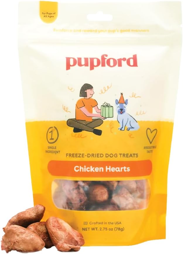 Pupford Freeze Dried Chicken Hearts Treat for Dogs & Puppies - Healthy, Natural, Single Ingredient Dog Treats - Made in USA (4.25 oz)