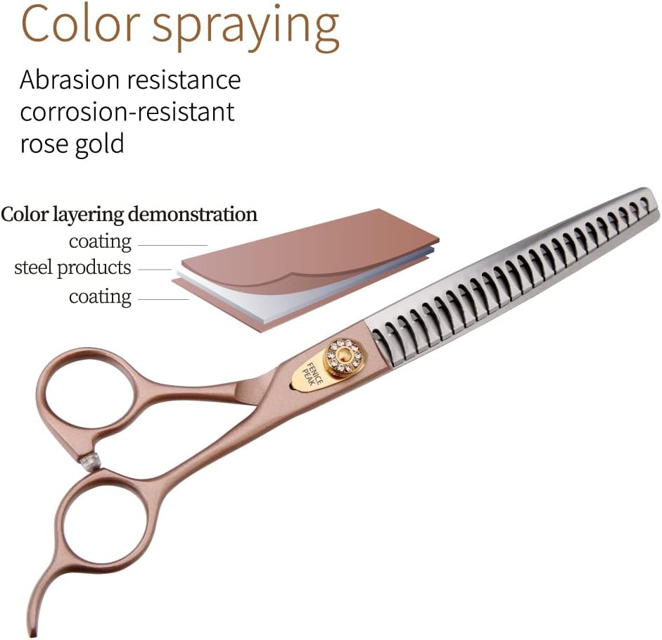 Fenice Peak 7‘’ Professional Dog Grooming Scissors Set Rose Gold 440C Stainless Steel Straight Thinning Curved Chunker Shears 4pcs Set for Pet Grooming Services Dogs and Cats