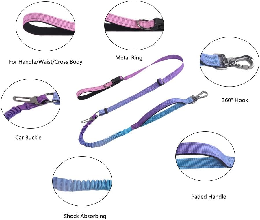 Hands Free Dog Leash for Large Medium Dogs Heavy Duty Bungee Reflective Adjustable Waist Leashes for Walking Running with Car Buckle 4-6FT (Purple)