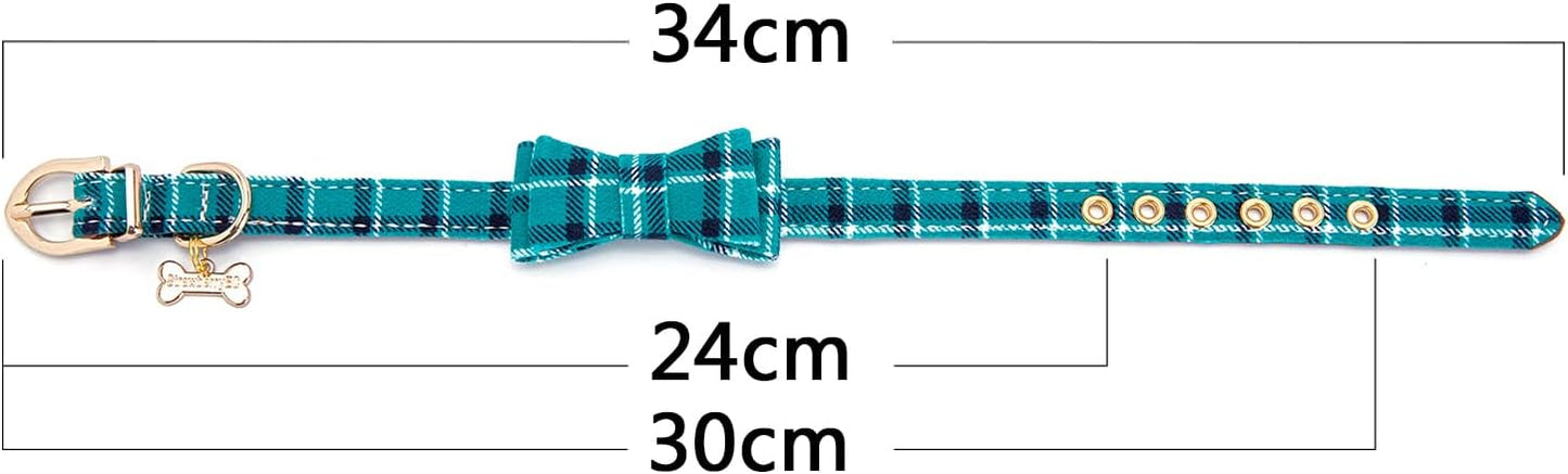 Puppy Collars for Small Dogs - StrawberryEC Adjustable Puppy Id Buckle Collar Leather. Cute Plaid Bandana Dog Collar (Bow-Peacock Green)
