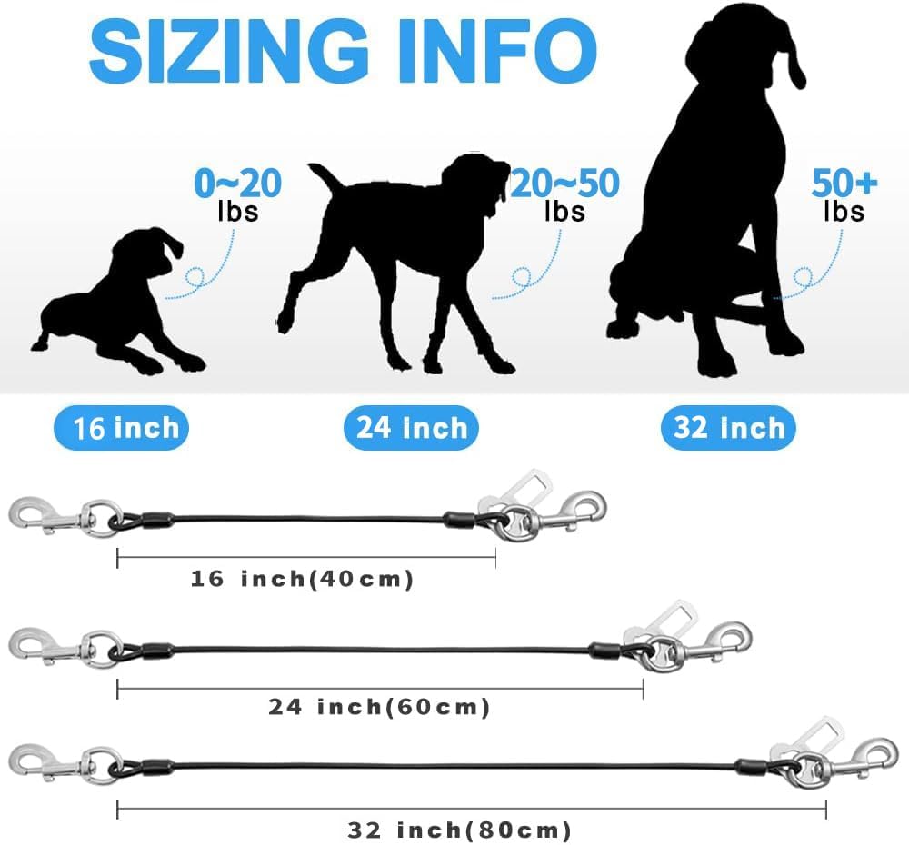 Dog Seat Belt Harness for Car,Dog Seatbelt of Coated Wire Leash Safety Restraint, No Chew Tether Cable Vehicle Dog Accessories, Double Clips & Latch Attachment (Black, 16 Inch/40 Cm)