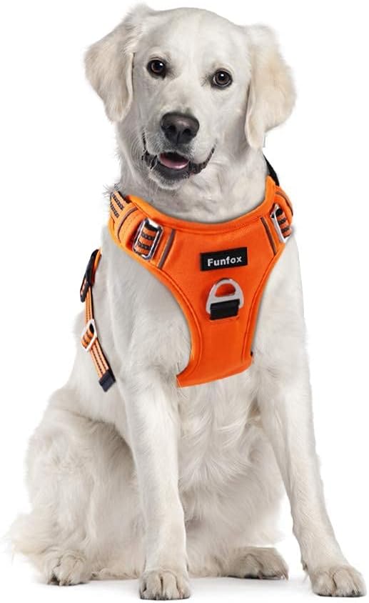 Funfox Dog Harness No Pull, Adjustable Pet Vest Harness, Super Soft Material with Vertical Handle Easy Control, Reflective Night Walking, 2 Leash Clips for XLarge Dogs, Orange, XL