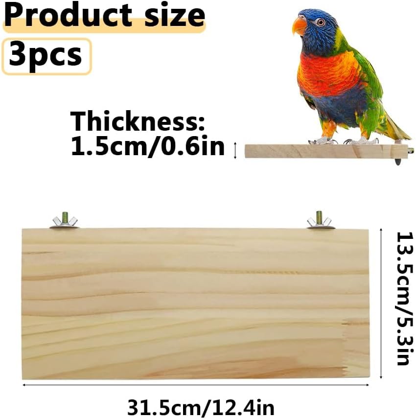 3 Pack Bird Perch Stand 12.4×5.3 Inch- Rectangular Wood Platform Wood Perch Stand Board Shelf for Parrot, Lovebird, Hamster, Guinea Pig, Chinchilla