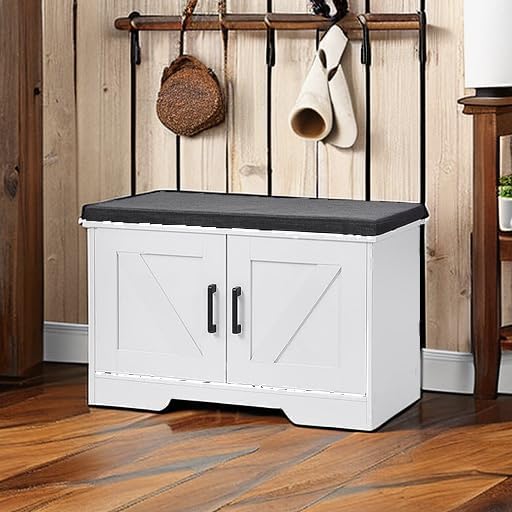 2-Tier Storage Bench, Shoe Bench with Padded Seat Cushion, Entryway Bench with 2 Barn Doors, Adjustable Shelf, 13.8" D x 27.6" W x 17.7" H, for Entryway, Living Room, Bedroom, White