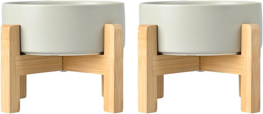 SPUNKYJUNKY Ceramic Elevated Dog Bowls 2 Pack - 6.1inch Raised Dog Bowls with Non-Slip Wooden Stand for Medium Dogs Dishwasher Safe(Grey,28.7OZ*2)