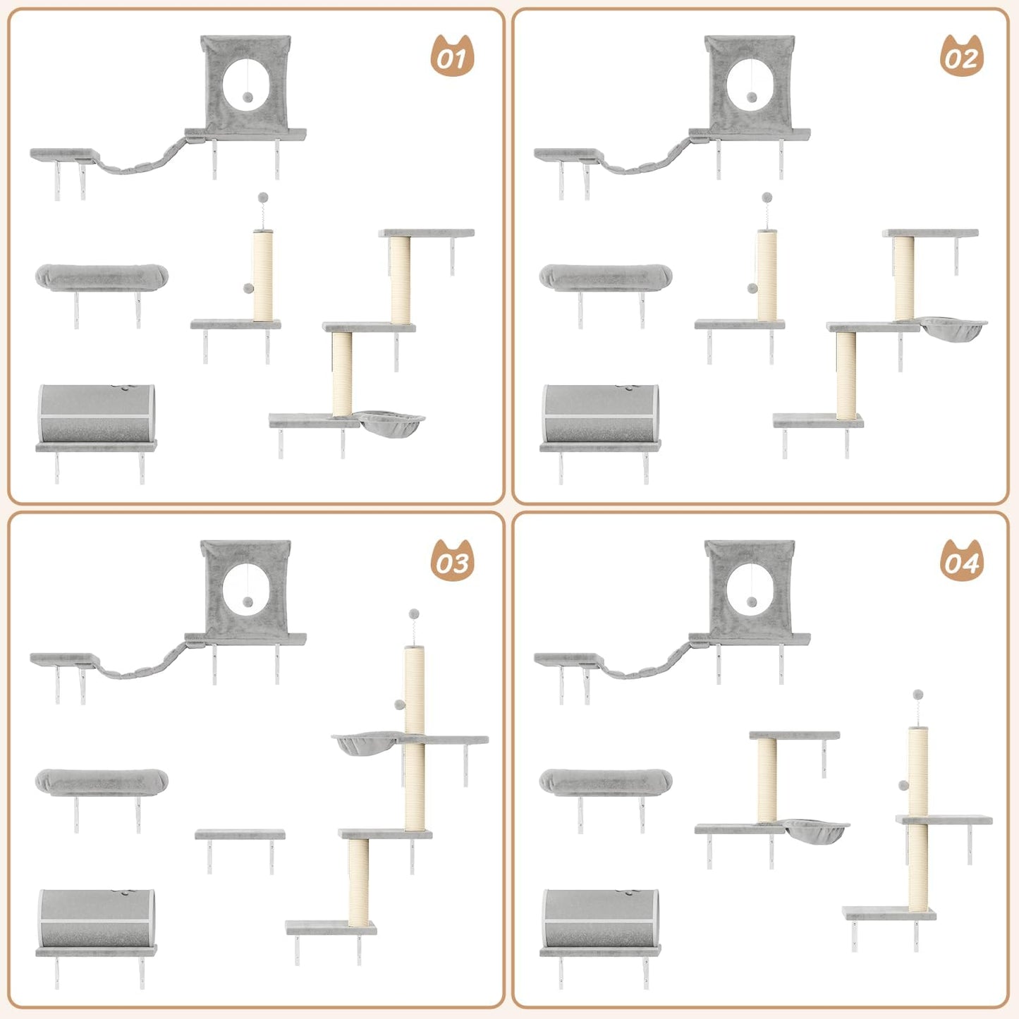 NUNU LAB 7-in-1 Wall Mounted Cat Climber Set, Cat Furniture Set with House, Tunnel, Bridge, Tree, Steps, Scratcher Board, Hammock, Luxury Wall Shelves for Indoor, Gray