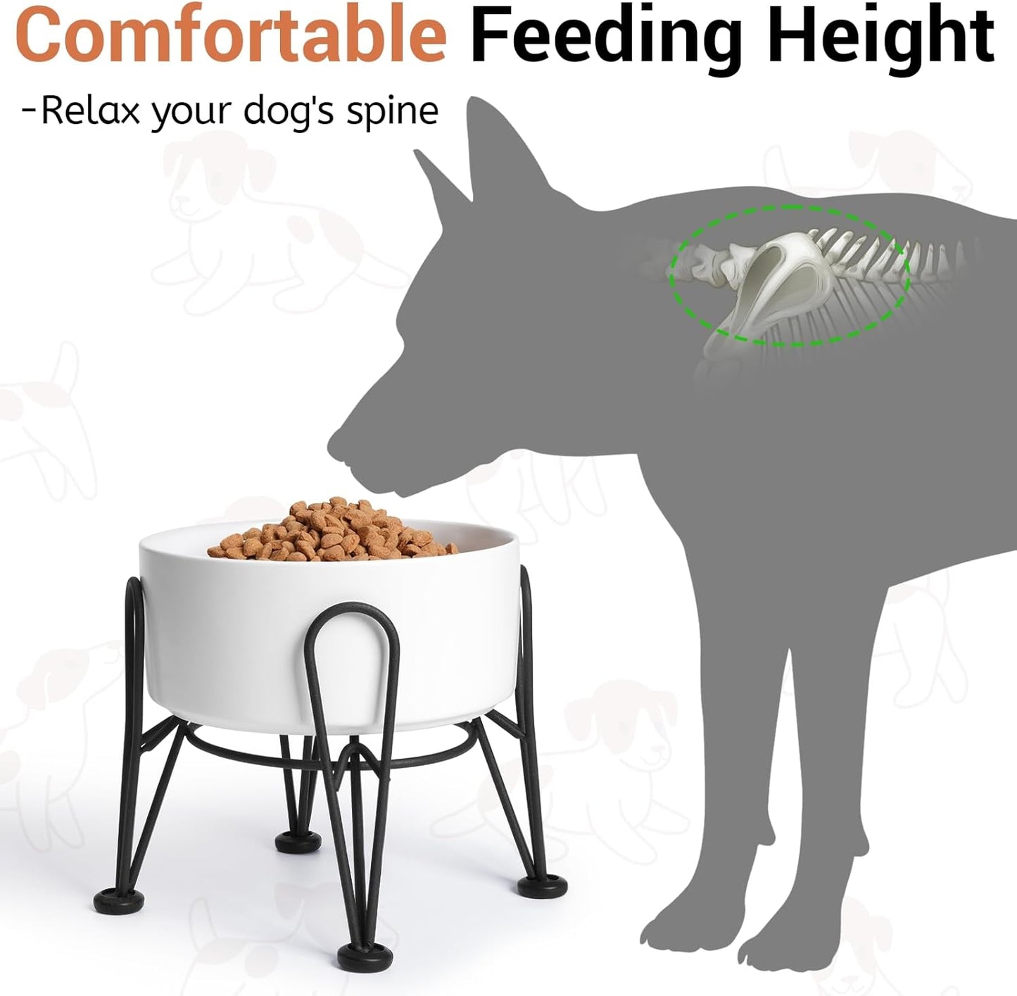 Elevated Dog Bowls, Ceramic Raised Dog Bowl Set with Anti-Slip and Non-Tip Metal Stand, 2 Pack Pet Food and Water Feeding Bowls for Small and Medium Dogs (White,3.6 Cups)