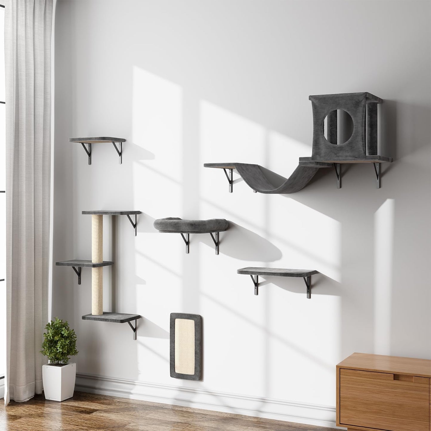 NUNU LAB Cat Wall Shelves, 6 Pcs Luxury Wall-Mounted Cat Climber Set, Indoor Cat Furniture with 1 Condos House, 2 Cat Wall Shelves, 1 Scratching, 1 Bridge Ladder, 1 Scratching Pad, Dark Gray