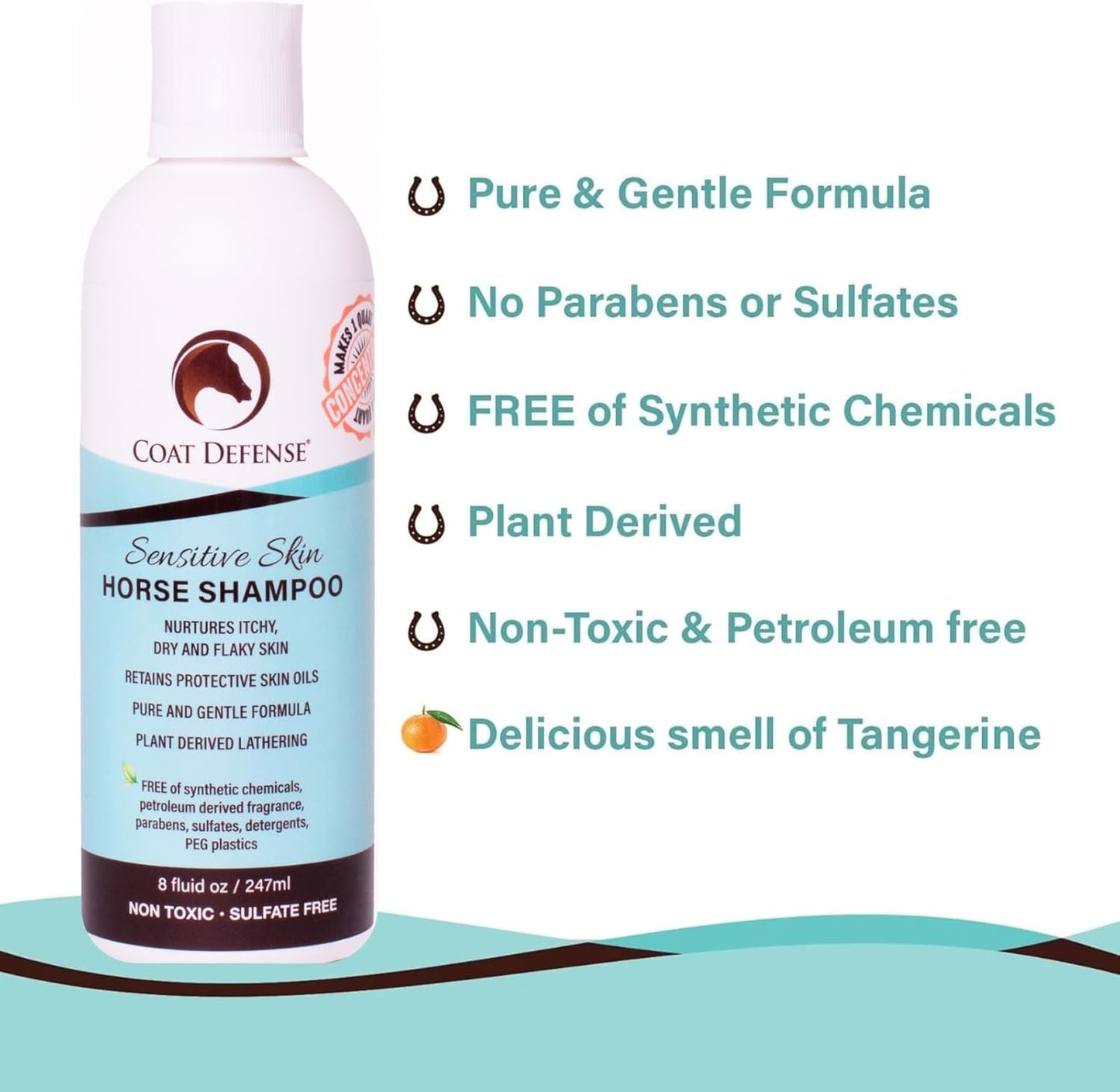 COAT DEFENSE Sensitive Skin Shampoo for Horses | All-Natural & Made in USA | Hypoallergenic Aloe Based - Soothes and Relieves Itchy, Dry and Inflamed Skin | Safe for Everyone | 8oz. Concentrated