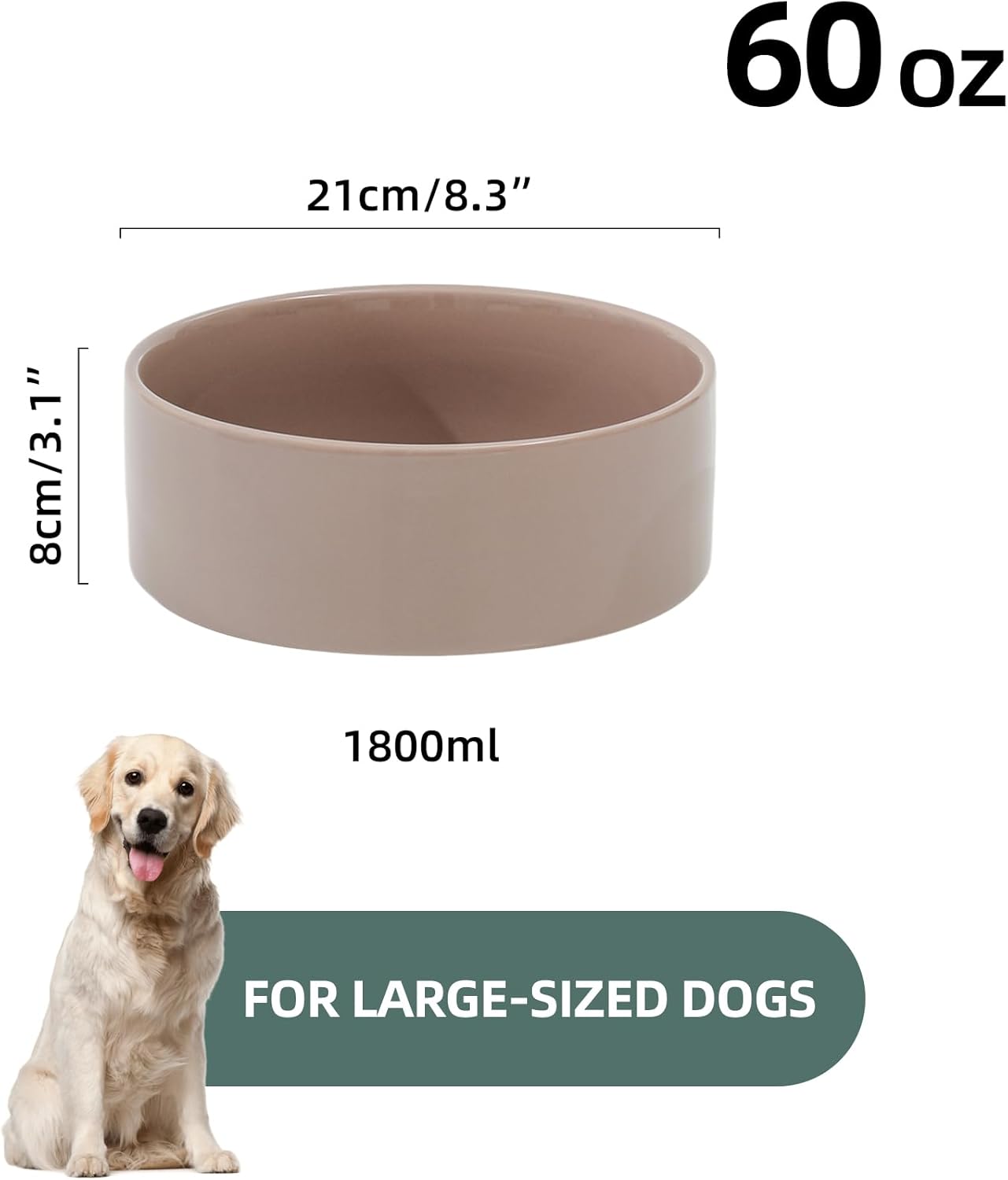 Ceramic 8.2inch Dog Bowl for Large-Breed Dogs, Anti-Slip and Weighted Pet Food and Water Bowl (Single Bowl - Brown Coffee)