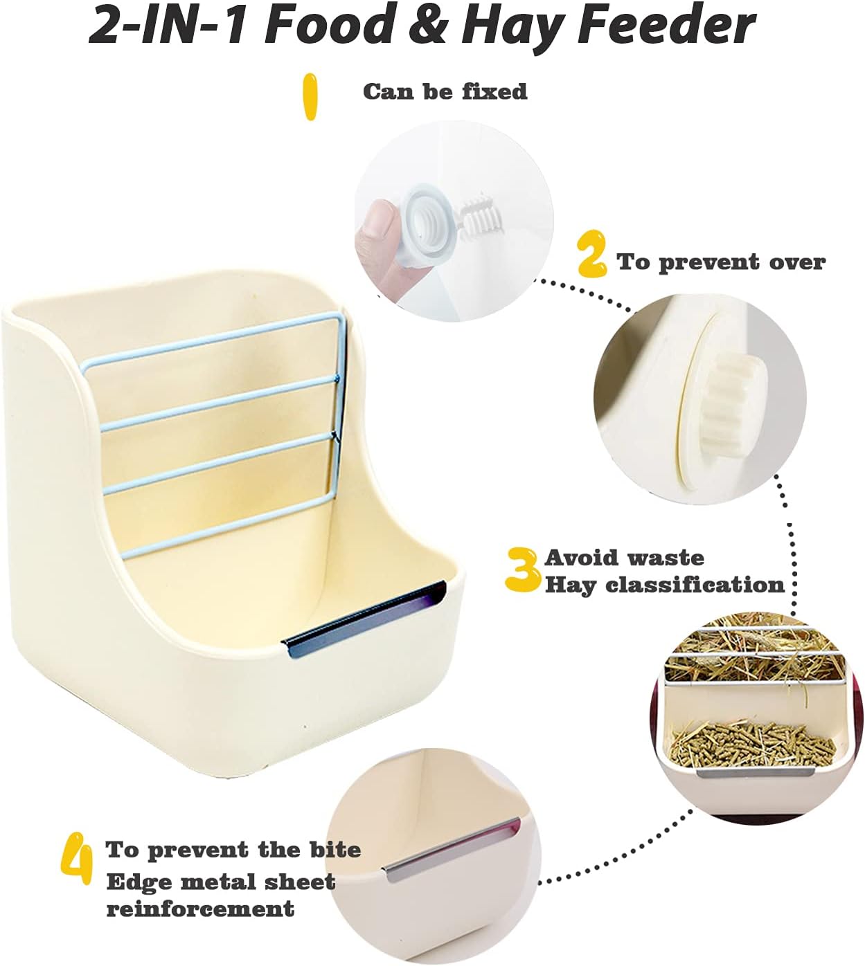 HERCOCCI Rabbit Hay Food Bin Feeder and Bunny Water Bottle Set, Hay Food Feeder Bowls Manger Rack with 500ml Hanging Water Dispenser Prevent Knock Over for Rabbit Guinea Pig Chinchilla (Large, White)