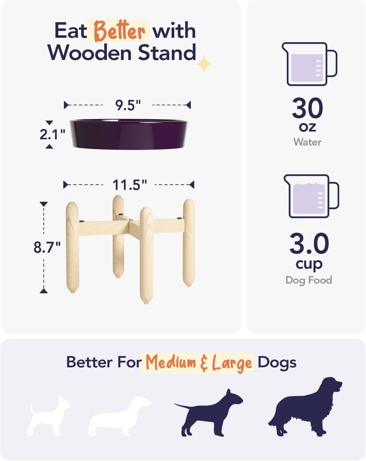 LE TAUCI Ceramic Slow Feeder Dog Bowls Elevated, 3 Cup Raised Bowl with Wooden Stand for Medium Large Breed, Slow Down Eating, Puzzle Dog Food Bowl, Maze Purple