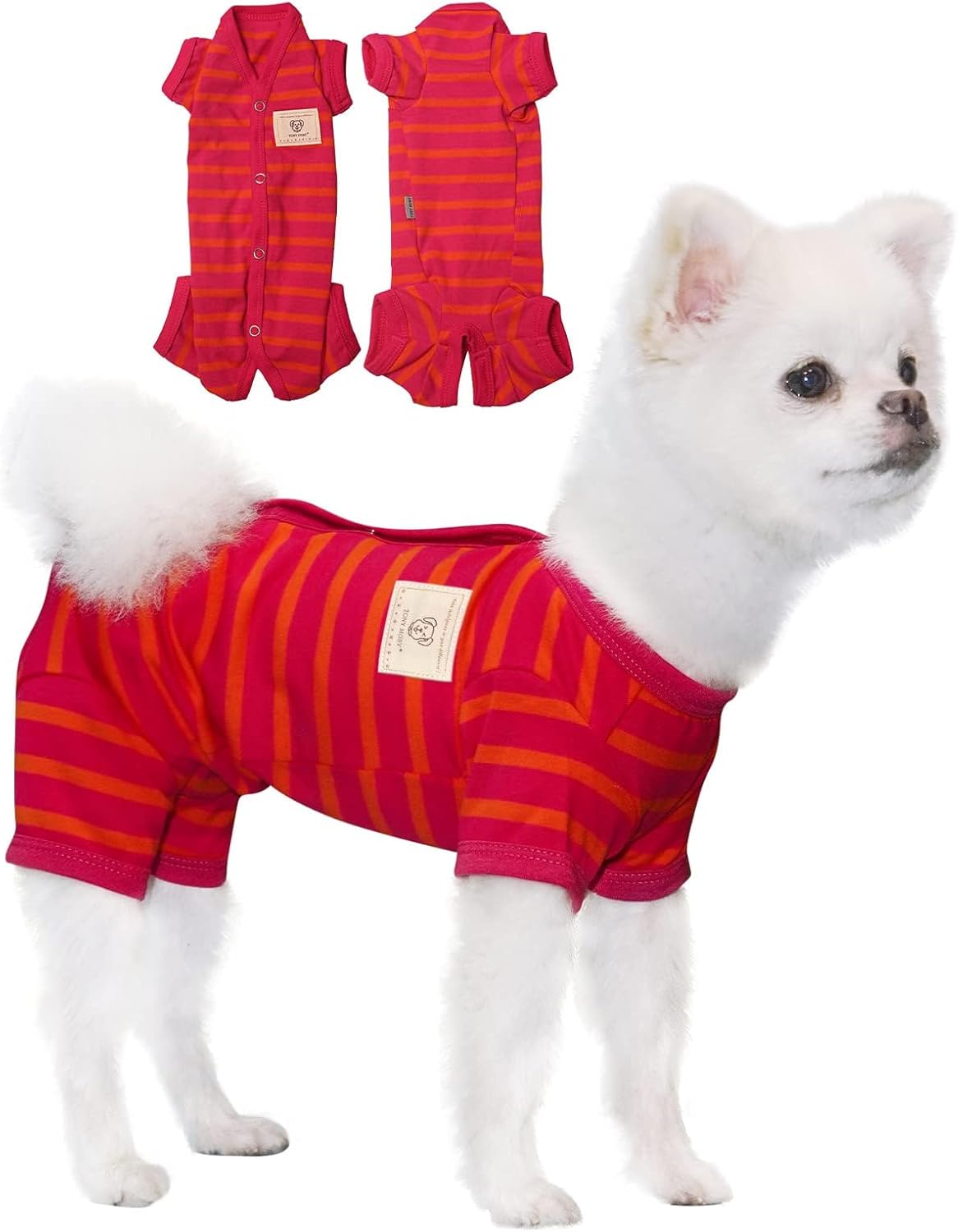 TONY HOBY Dog Pajamas, Female/Male Dog 4 Legged Pajamas, Soft Cotton Dogs Jumpsuit with Stripes (Rose Red&Orange, Girl, S)