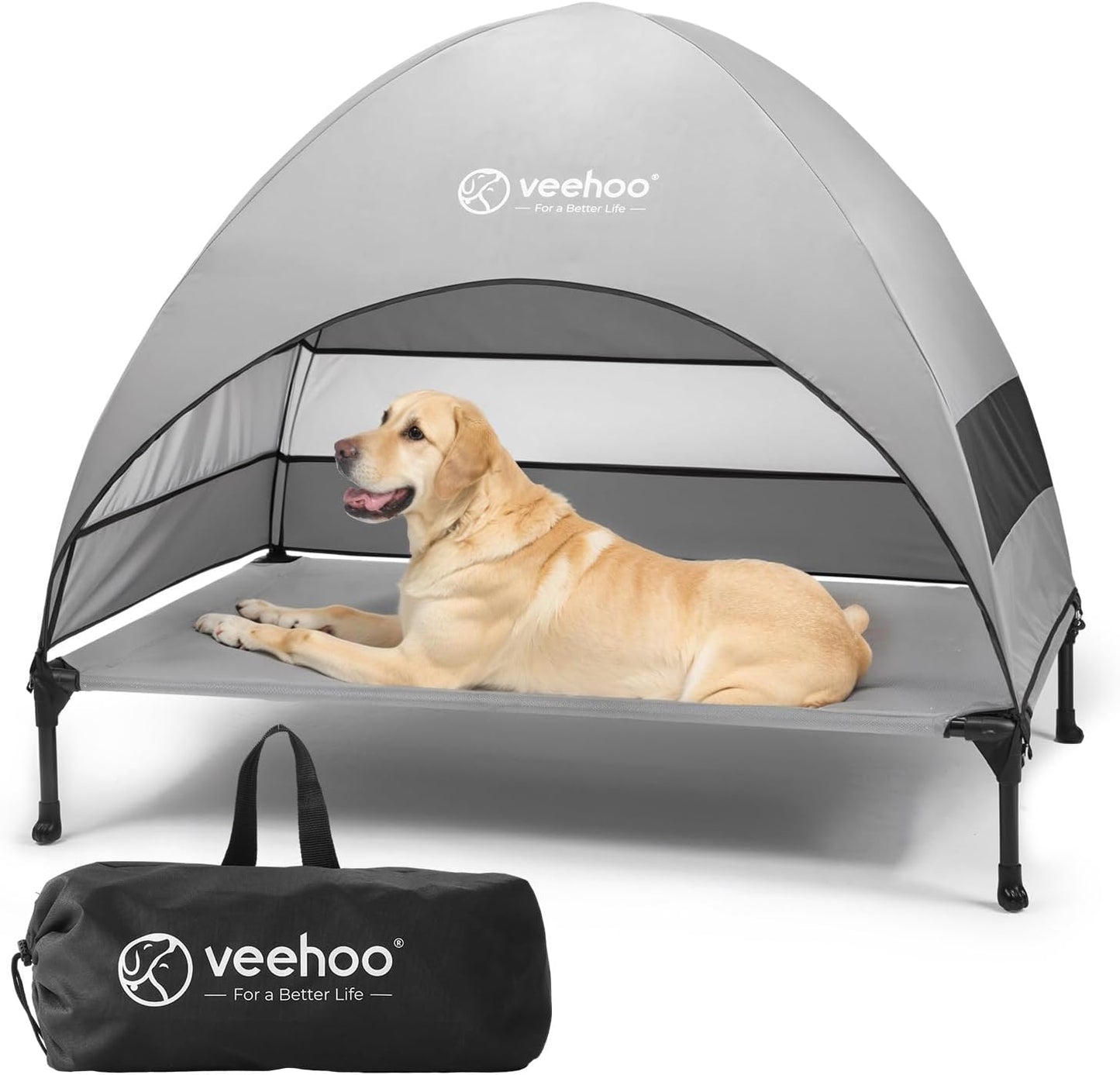 Veehoo Outdoor Dog Bed with Canopy, Cooling Elevated Pet Cot with Removable Shade, Non-Slip Feet, Raised Dog Cot for Large Dogs, Pet Tent Bed for Camping, Beach, Large, Grey, CWC2411