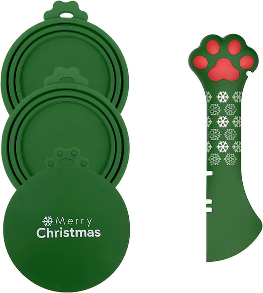 Christmas Pet Set - 3 Cat Food Can Lids & 1 BPA-Free Can Opener | Cute Paw Shape Opener Spatula Spoon for Wet Food | Silicone Spoon & Covers for Dog Cat - Christmas Green
