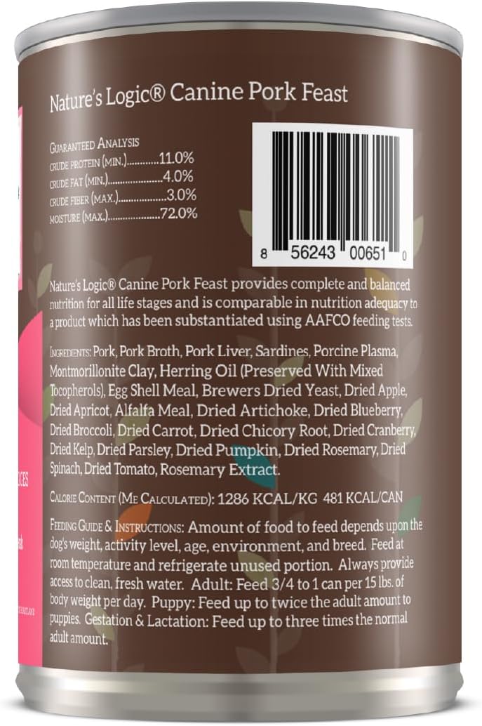 Nature's Logic Grain-Free Canned Dog Food - 95% Animal Proteins - 100% Natural Wet Dog Food Cans - No Common Allergens - All Life Stages - Ideal for Sensitive Dogs - Pork (13.2 oz, 12 Pack)