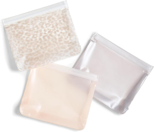 Fit & Fresh Reusable PEVA Storage Bags 3 Pack, Reusable Food Storage Bags, LeakProof, Durable, Freezer Safe, Hand Wash, Easy to Clean, Eco-Friendly, Ivory Feline Fine
