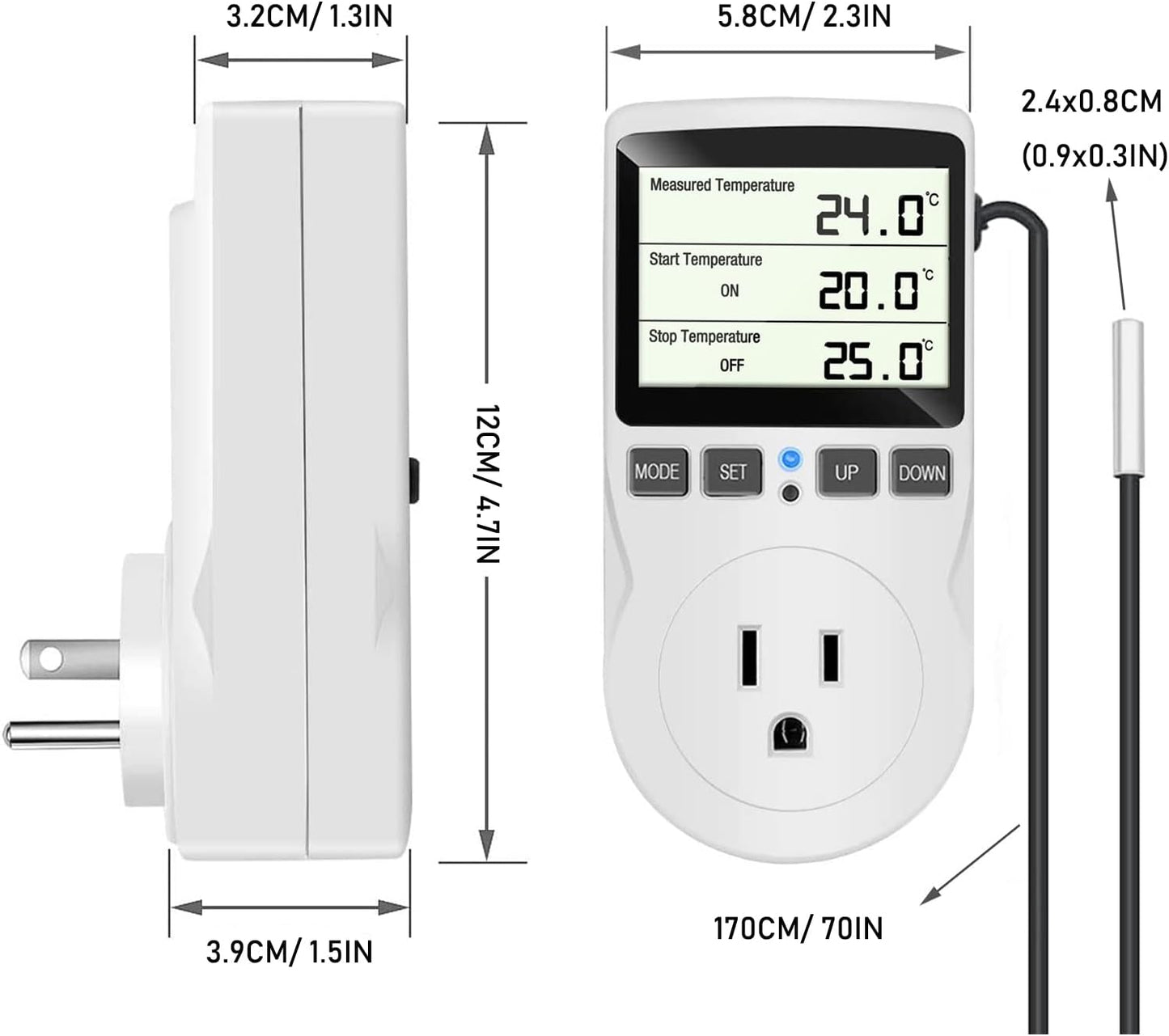KABASI Digital Temperature Controller, LCD Screen Heating Cooling Reptile Thermostat with Sensor Probe for Snake, Lizard, Incubator, Brewing, Incubator, Greenhouse, Terrarium ℉/℃ 15A 1800W 120V