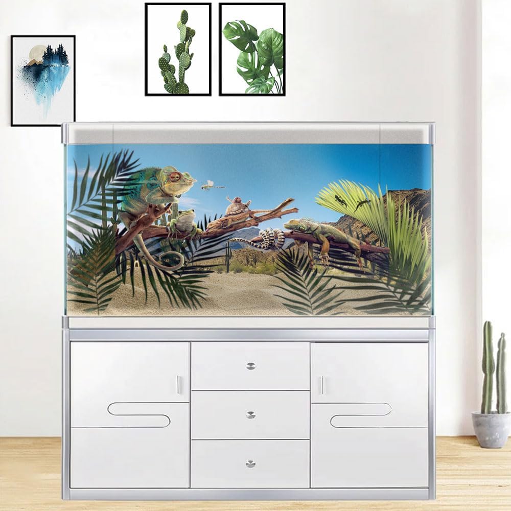 Reptile Habitat Background, Retro Desert Oasis Cactus Terrarium Background 48X24 in Background with 8 EVA Double-Sided Tape