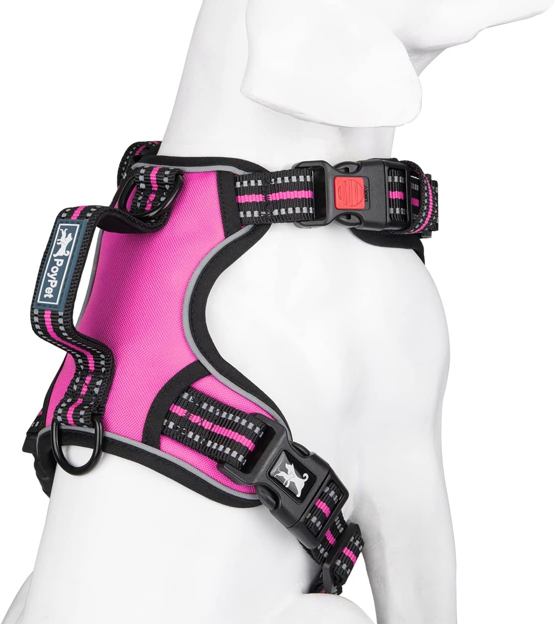 PoyPet No Pull Dog Harness, No Choke Front Clip Reflective Dog Vest with Soft Padded Vertical Handle, 3 Leash Attachments for Small Medium Large Dogs (Pink,XL)