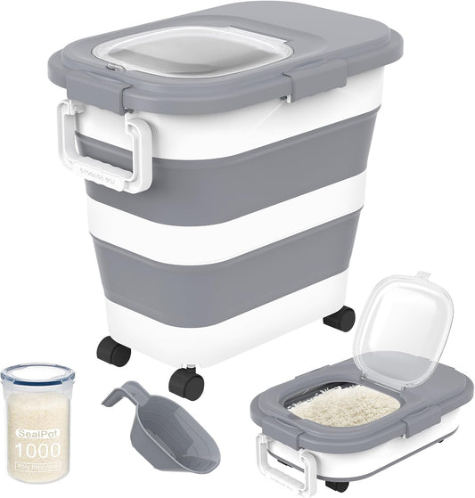 HOYTAMDA 30-40Lbs Rice Container,Collapsible Airtight Food Storage Containers with Wheels,Handle,Rice Storage Container with Small Bin and Scoop,Rice Dispenser for Flour Sugar Cereal Grain Dog Cat