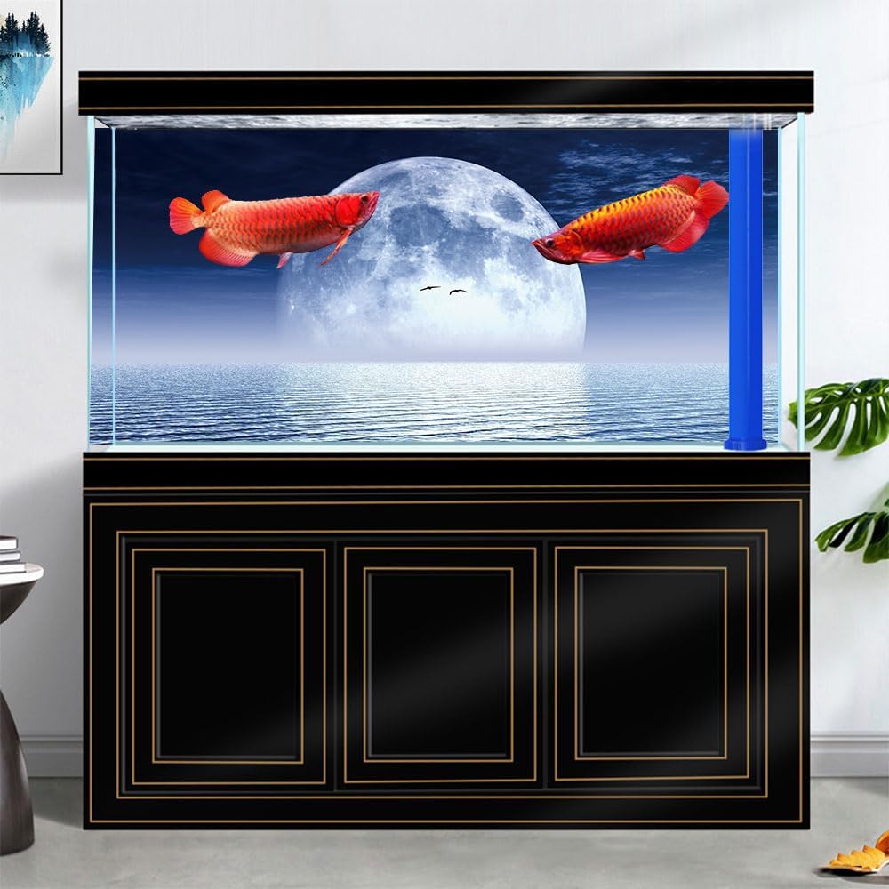 Moon Aquarium Background,Cool Sea Galaxy Parallel Space Themed Fish Tank Background, Cool Terrarium Background 24X12IN with 8 EVA Double-Sided Tape