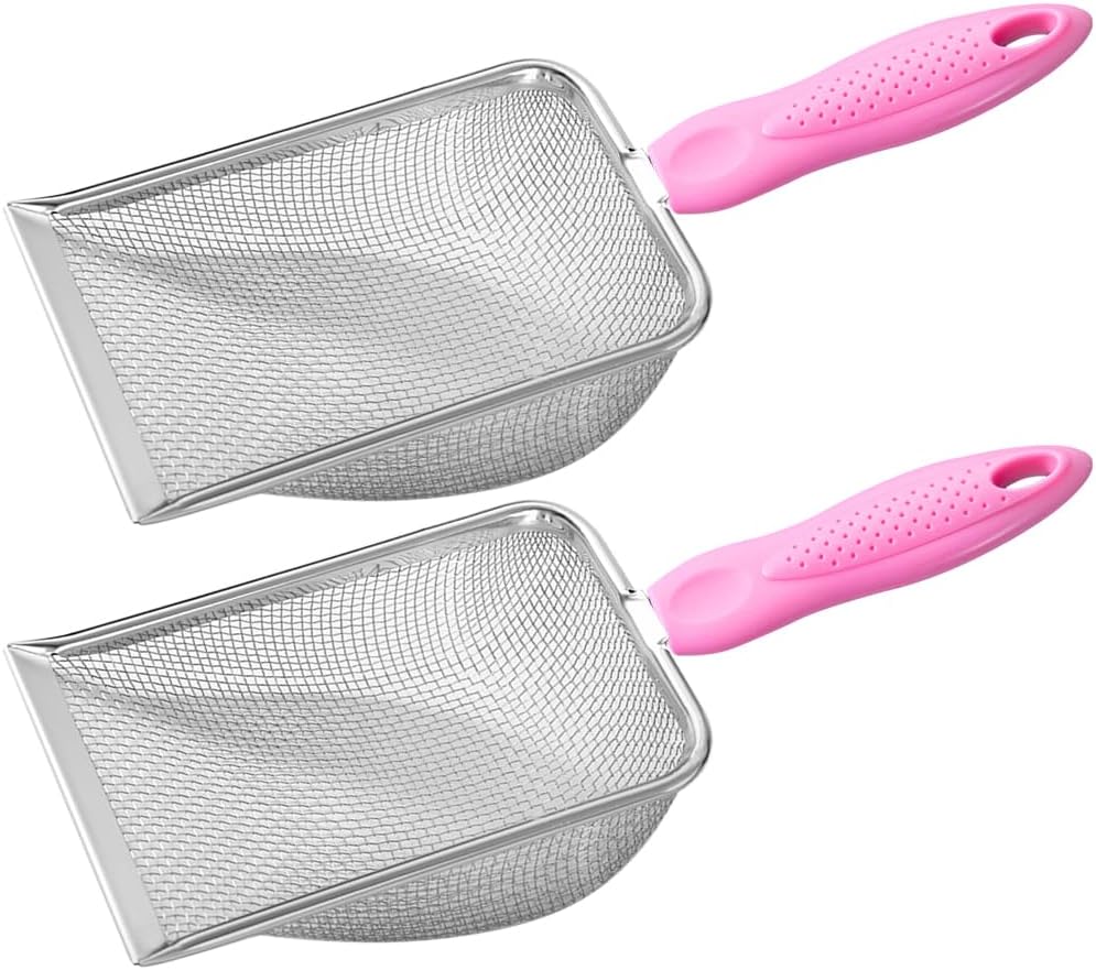 Cat Litter Scoop,Sturdy Litter Cleaner Corner Shovel,2Pcs Stainless Steel Mesh Litter Shovel,Easy to Clean Reptile Terrarium Sand Waste,Beach Shovel(2 Pcs Pink)