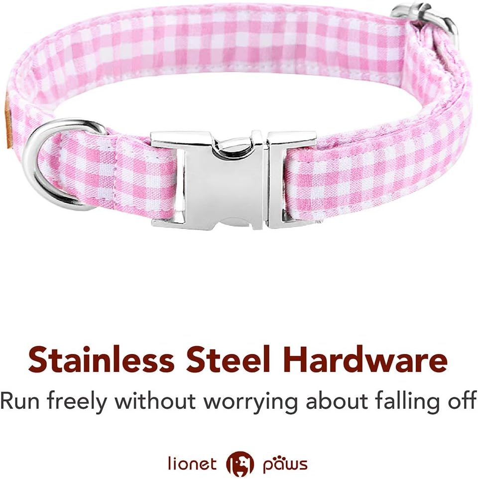 Lionet Paws Dog Collar with Bowtie, Comfortable Adjustable Cute Pink Gingham Bow Tie Collar for Female Puppies and Cats Gift, XS, Neck 8-12 inches