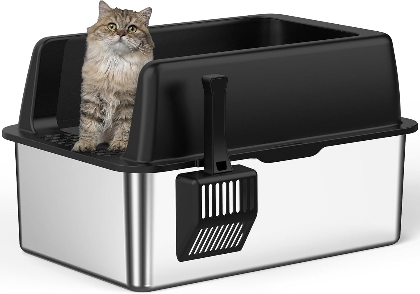 Zarler Stainless Steel Litter Box with Lid, 8” Deep Extra Large Cat Litter Boxes, XL Metal Litter Box for Big Cats with High Sided, Black (Non-Sticky, Easy to Clean, Anti-Urine Leakage)